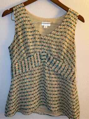 LOFT Sleeveless V-Neck Geometric Print Top in Cream and Teal
